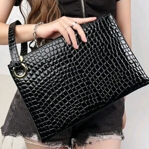 NEW - Large, Sophisticated Black Crocodile Pattern Clutch